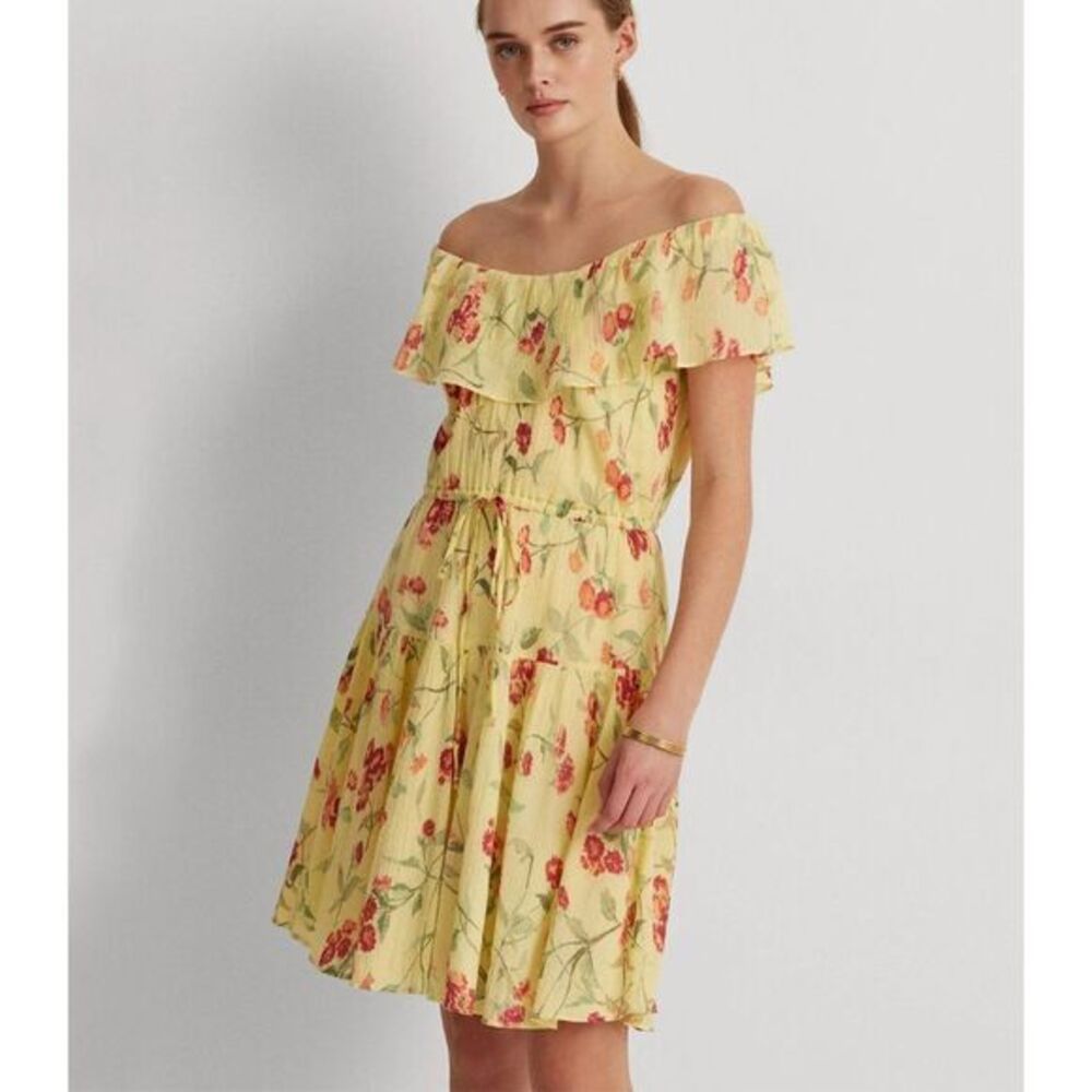 RALPH LAUREN Mini Dress Womens Yellow Ruffled Sz 12  Floral Flutter Sleeve Off